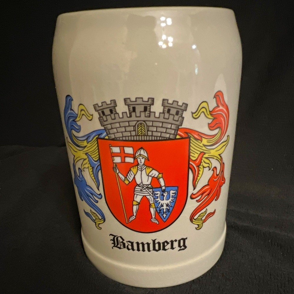Vintage Bamberg W Germany Heavy Stoneware Beer Mug Stein Coat Of Arms Breweriana